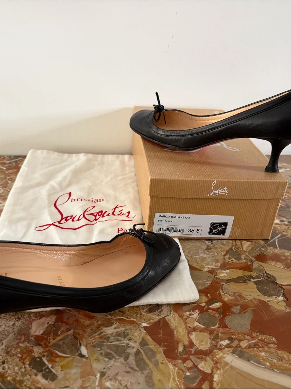 Christian Louboutin Black Leather Kitten Heel Pumps with Red Sole